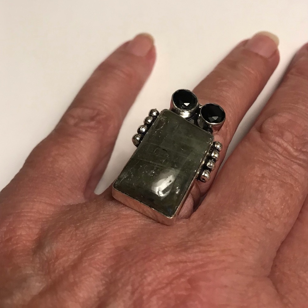 Labradorite Black Onyx Stamped 925 Sterling Silver Ring
